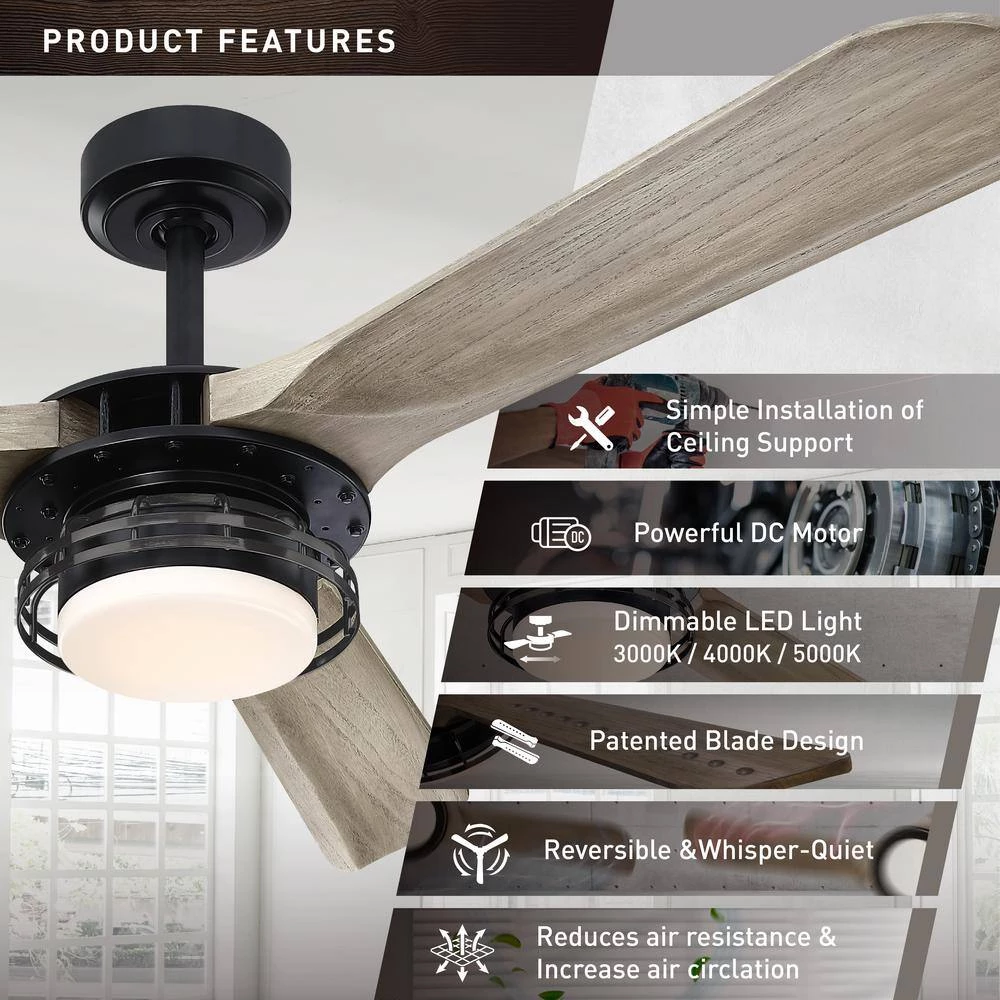 Aerofanture 52 in. Indoor/Outdoor Black Integrated LED Industrial Ceiling Fan with Light and Remote Control Included by Parrot Uncle - Image 4