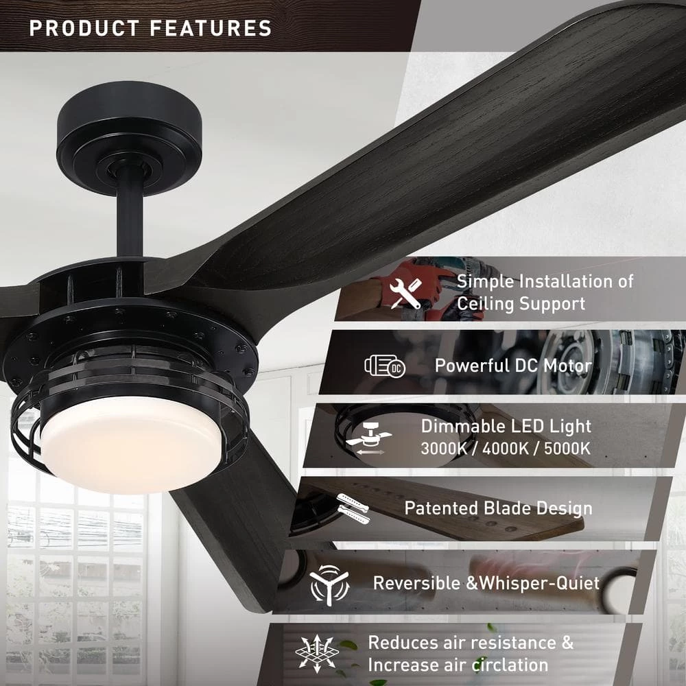 Aerofanture 52 in. Integrated LED Indoor/Outdoor Black Industrial Ceiling Fan with Light and Remote Control by Parrot Uncle - Image 4