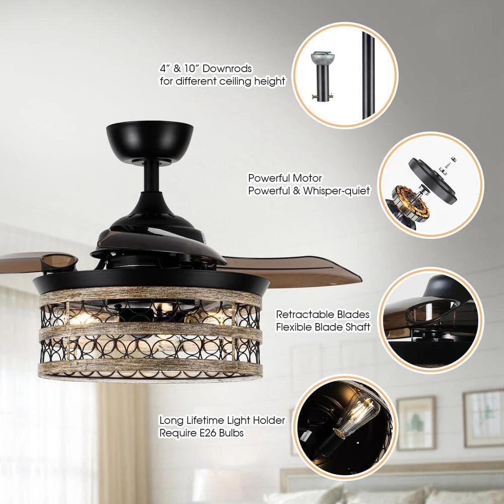 36 in. Black Indoor Farmhouse Retractable Ceiling Fan with Light Kit and Remote Control by Parrot Uncle - Image 5