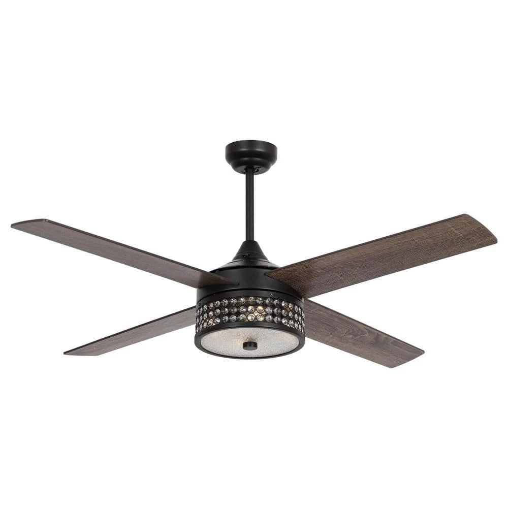 Victoire 52 in. Indoor Black Modern Crystal Ceiling Fan with Remote and Light Kit by Parrot Uncle