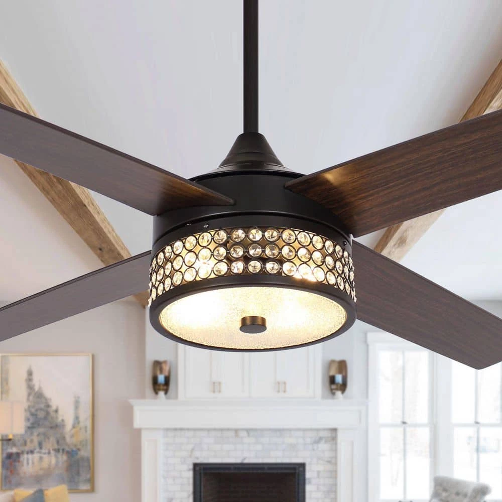 Victoire 52 in. Indoor Black Modern Crystal Ceiling Fan with Remote and Light Kit by Parrot Uncle - Image 3