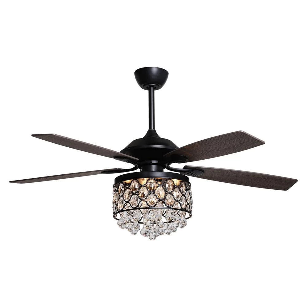 Berkshire 52 in. Indoor Black Downrod Mount Crystal Chandelier Ceiling Fan with Light Kit and Remote Control by Parrot Uncle - Image 3
