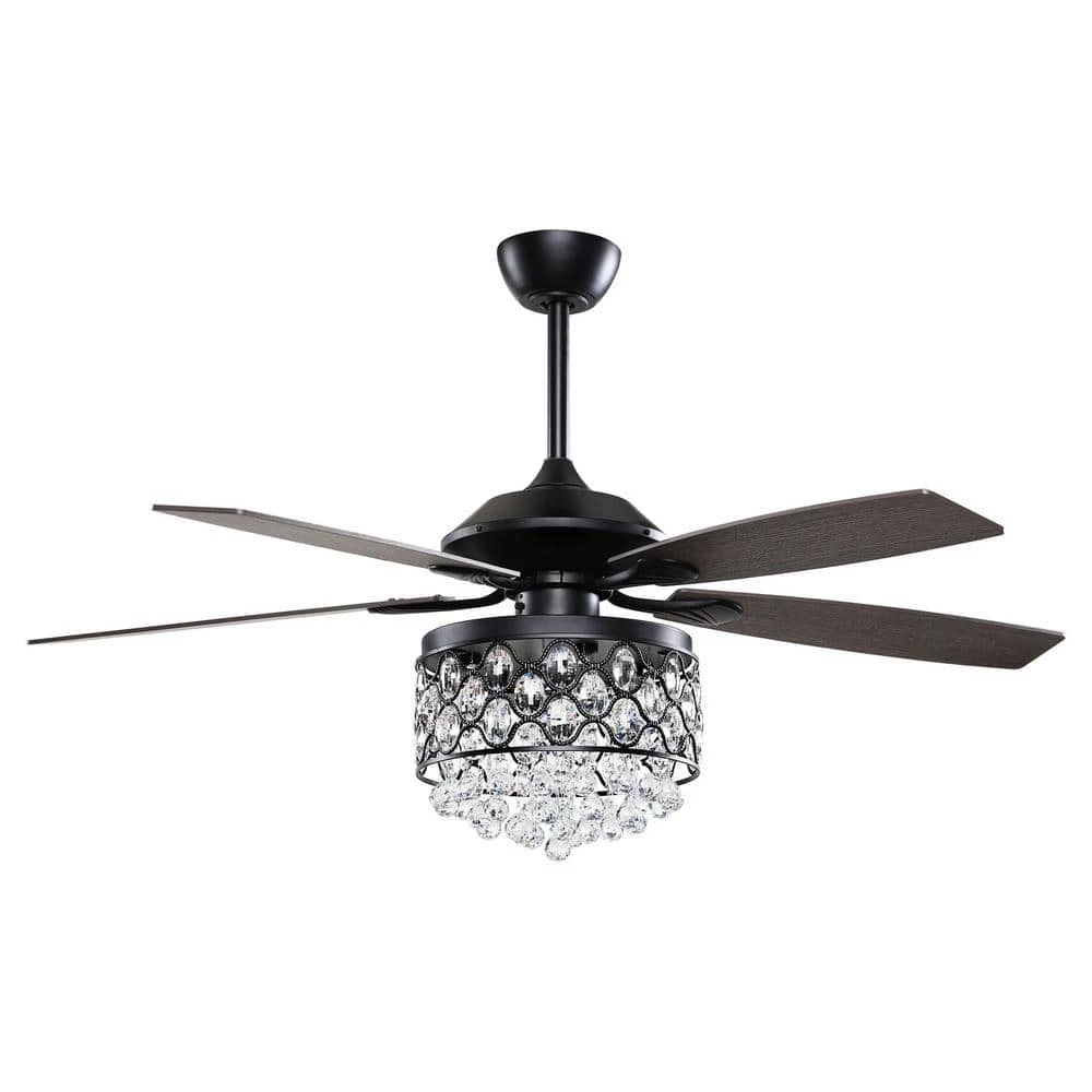 Berkshire 52 in. Indoor Black Downrod Mount Crystal Chandelier Ceiling Fan with Light Kit and Remote Control by Parrot Uncle