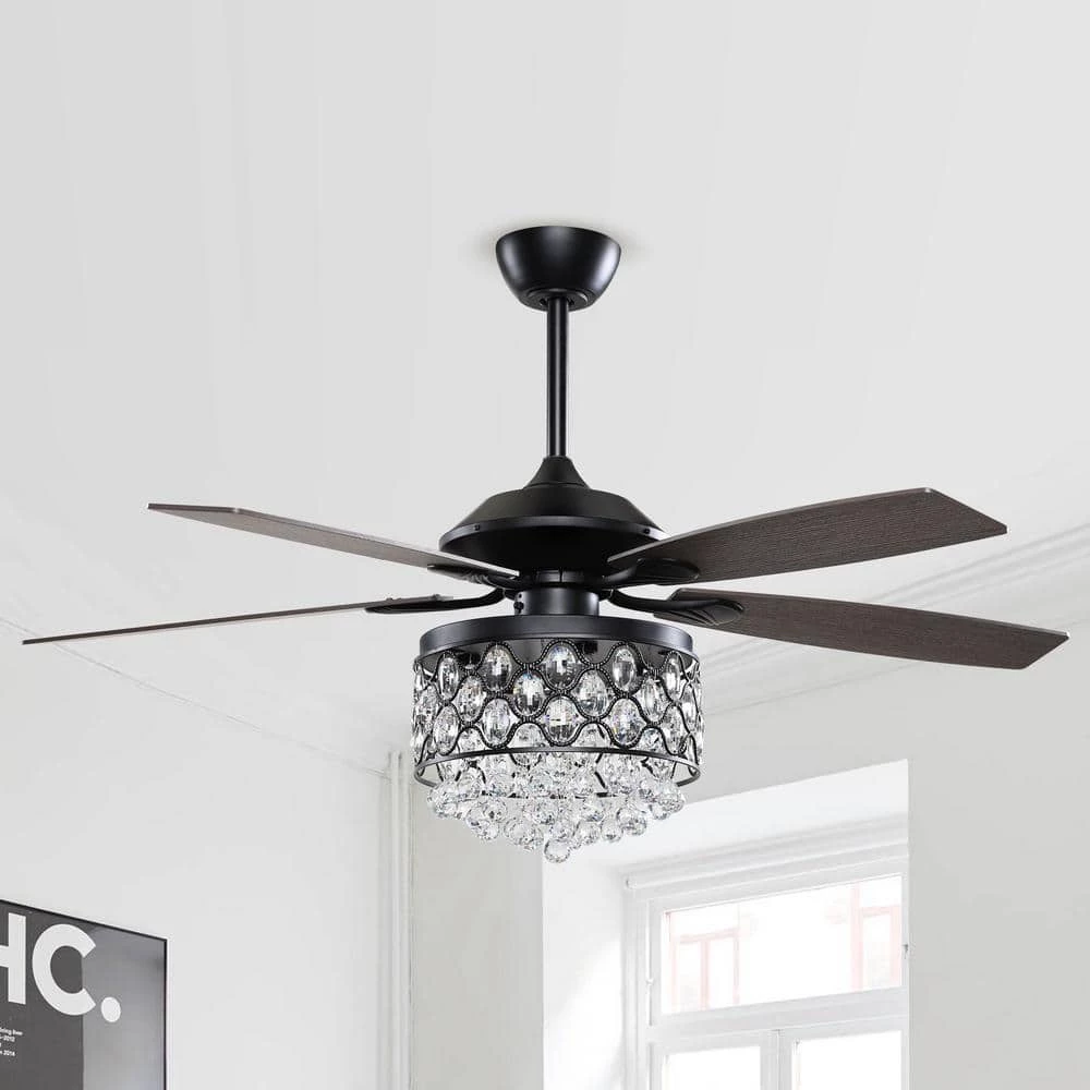Berkshire 52 in. Indoor Black Downrod Mount Crystal Chandelier Ceiling Fan with Light Kit and Remote Control by Parrot Uncle - Image 2