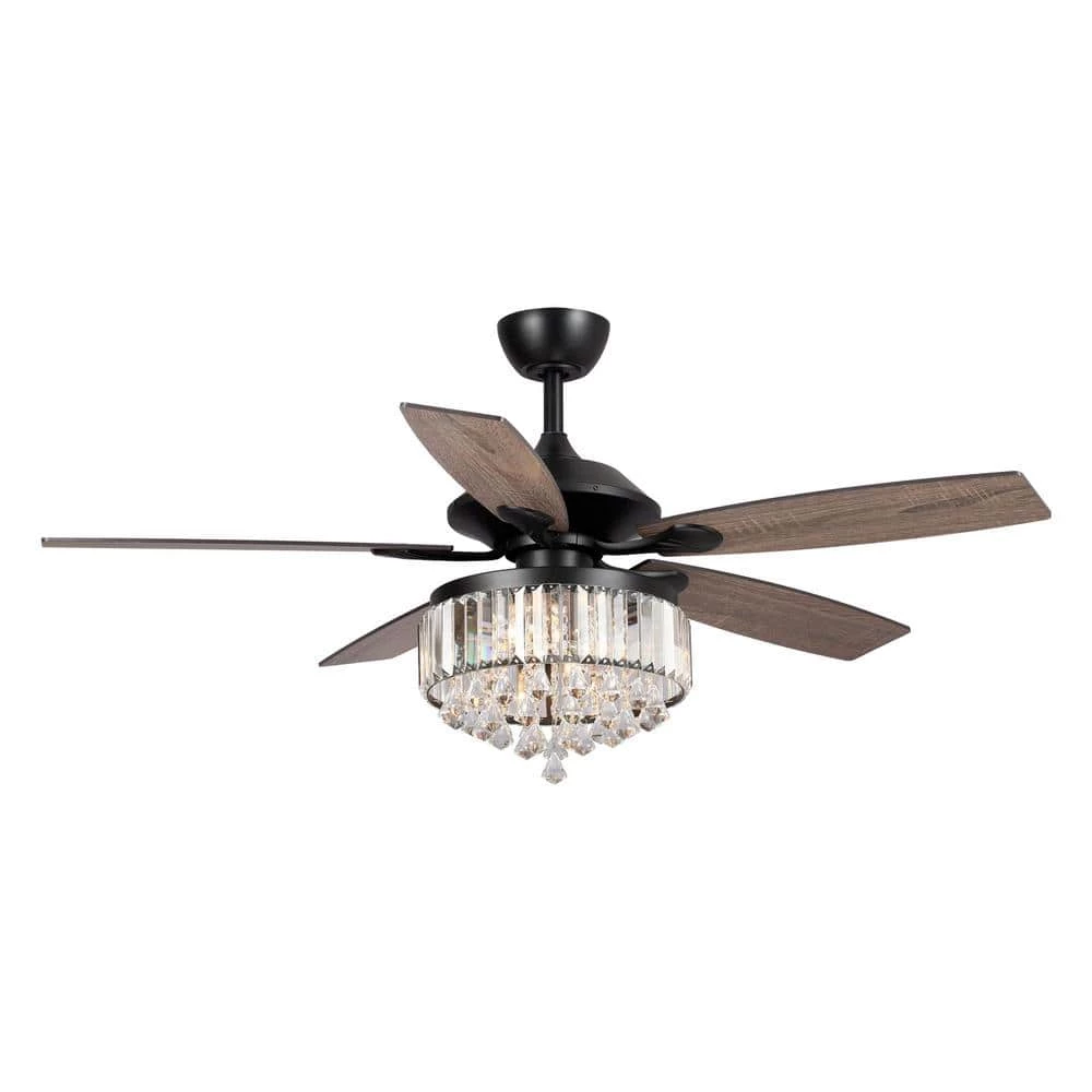 Etting 52 in. Indoor Black Contemporary Crystal Ceiling Fan with Remote and Light Kit by Parrot Uncle