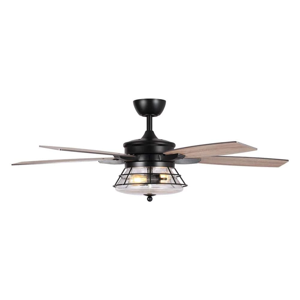 Antone 52 in. Indoor/Outdoor Black Downrod Mount Industrial Ceiling Fan with Remote and Light Kit by Parrot Uncle - Image 4