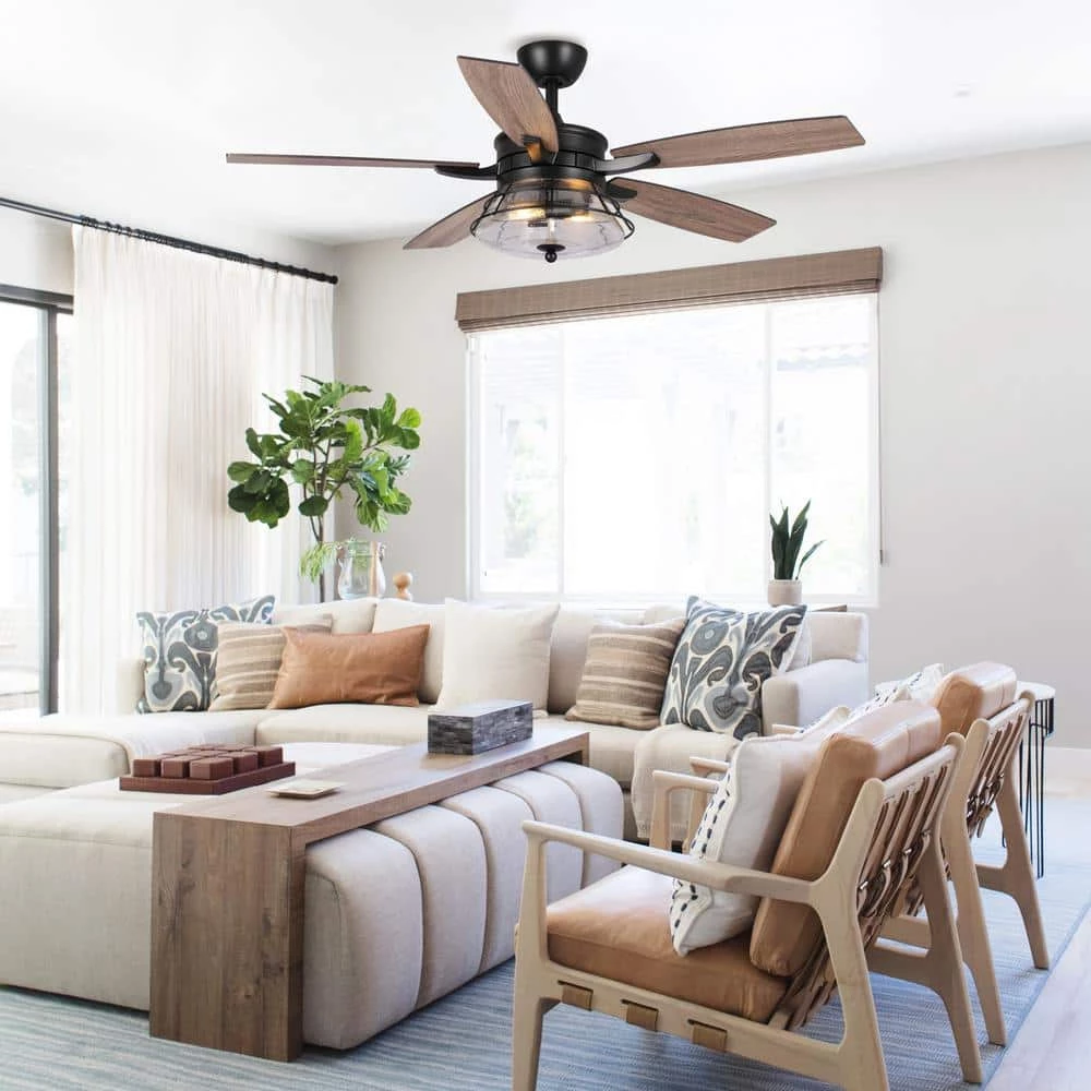 Antone 52 in. Indoor/Outdoor Black Downrod Mount Industrial Ceiling Fan with Remote and Light Kit by Parrot Uncle - Image 6