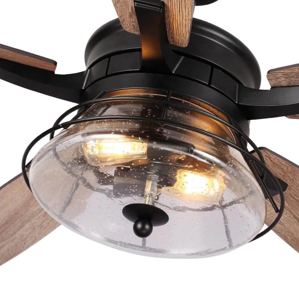 Antone 52 in. Indoor/Outdoor Black Downrod Mount Industrial Ceiling Fan with Remote and Light Kit by Parrot Uncle - Image 5