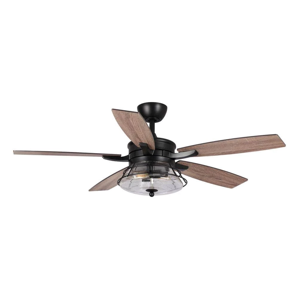 Antone 52 in. Indoor/Outdoor Black Downrod Mount Industrial Ceiling Fan with Remote and Light Kit by Parrot Uncle - Image 3