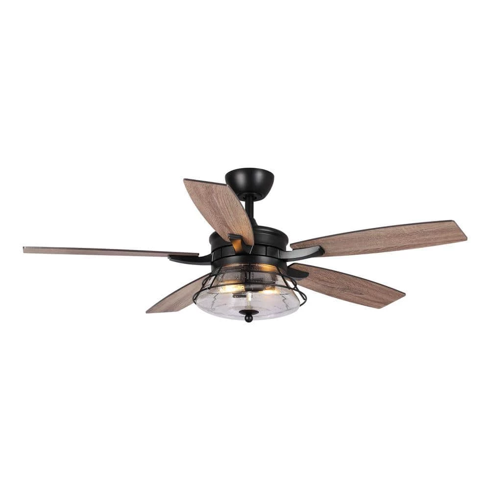 Antone 52 in. Indoor/Outdoor Black Downrod Mount Industrial Ceiling Fan with Remote and Light Kit by Parrot Uncle