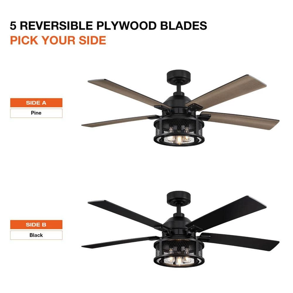 52 in. Indoor Black Mesh Metal Industrial Reversible Blades Ceiling Fan with Remote Control and Light Kit by Parrot Uncle - Image 4