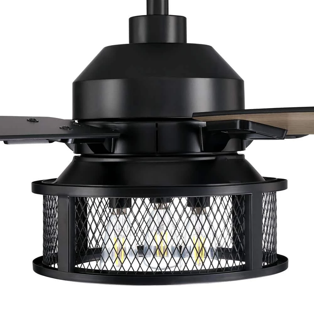 52 in. Indoor Black Mesh Metal Industrial Reversible Blades Ceiling Fan with Remote Control and Light Kit by Parrot Uncle - Image 5