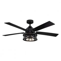 52 in. Indoor Black Mesh Metal Industrial Reversible Blades Ceiling Fan with Remote Control and Light Kit by Parrot Uncle