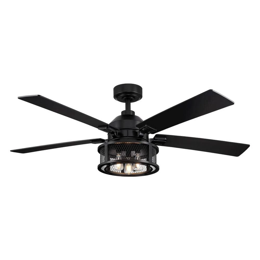52 in. Indoor Black Mesh Metal Industrial Reversible Blades Ceiling Fan with Remote Control and Light Kit by Parrot Uncle