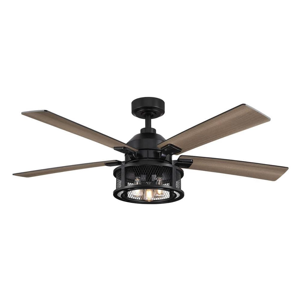 52 in. Indoor Black Mesh Metal Industrial Reversible Blades Ceiling Fan with Remote Control and Light Kit by Parrot Uncle - Image 3