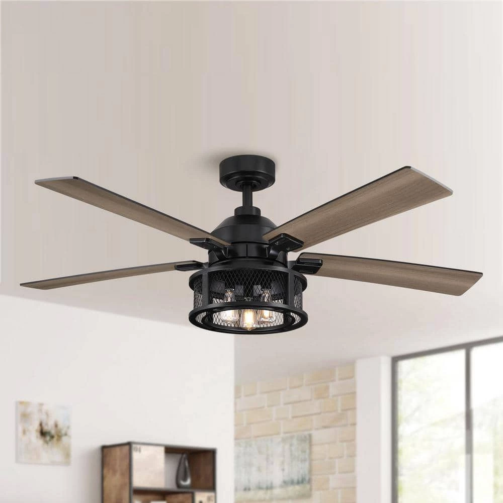 52 in. Indoor Black Mesh Metal Industrial Reversible Blades Ceiling Fan with Remote Control and Light Kit by Parrot Uncle - Image 2