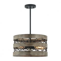 Kingsley 3-Light Farmhouse Drum Chandelier with Brushed Wood Metal Frame by Parrot Uncle