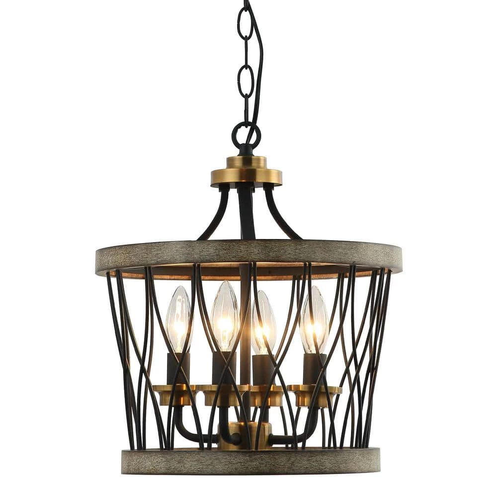 13 in. Farmhouse Black Geometric Drum Cage 4-Light Candlestick Chandelier Pendant Light by Parrot Uncle - Image 5