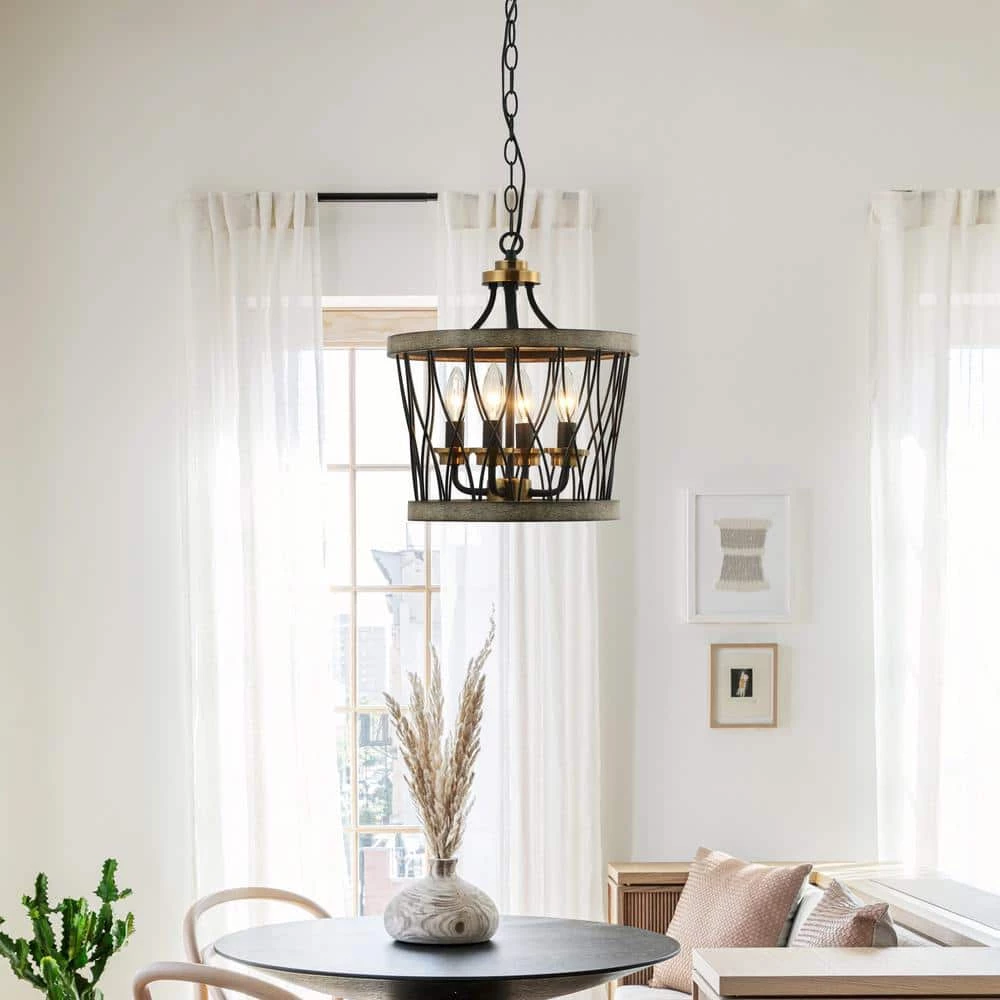 13 in. Farmhouse Black Geometric Drum Cage 4-Light Candlestick Chandelier Pendant Light by Parrot Uncle - Image 9