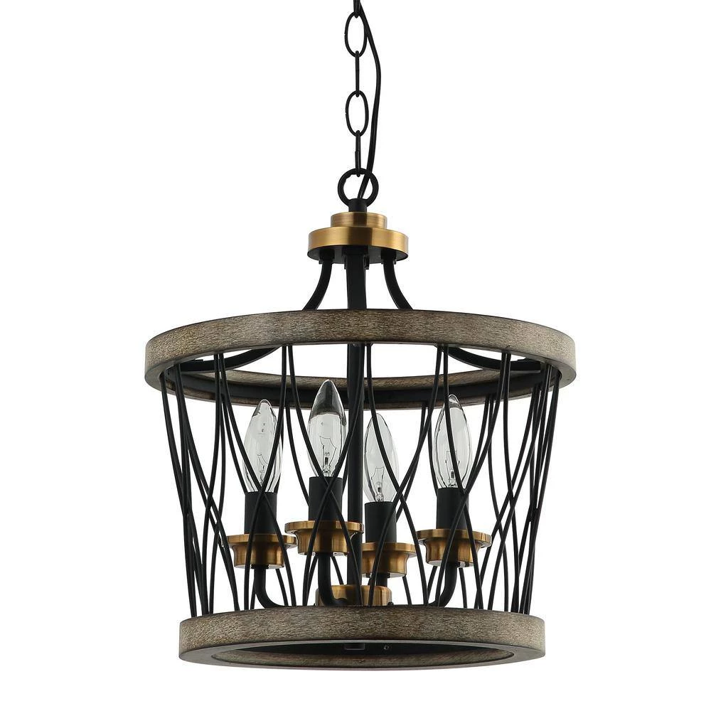 13 in. Farmhouse Black Geometric Drum Cage 4-Light Candlestick Chandelier Pendant Light by Parrot Uncle - Image 6