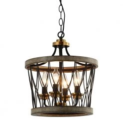 13 in. Farmhouse Black Geometric Drum Cage 4-Light Candlestick Chandelier Pendant Light by Parrot Uncle