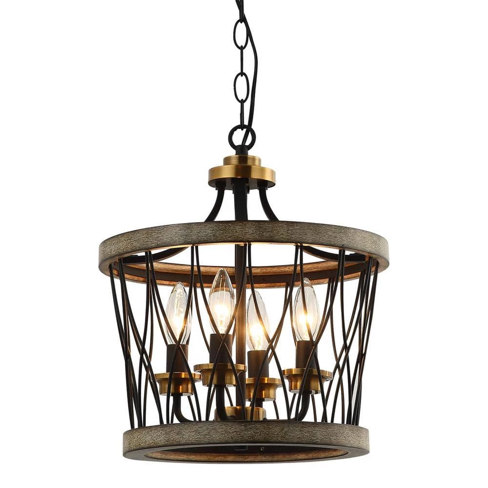 13 in. Farmhouse Black Geometric Drum Cage 4-Light Candlestick Chandelier Pendant Light by Parrot Uncle