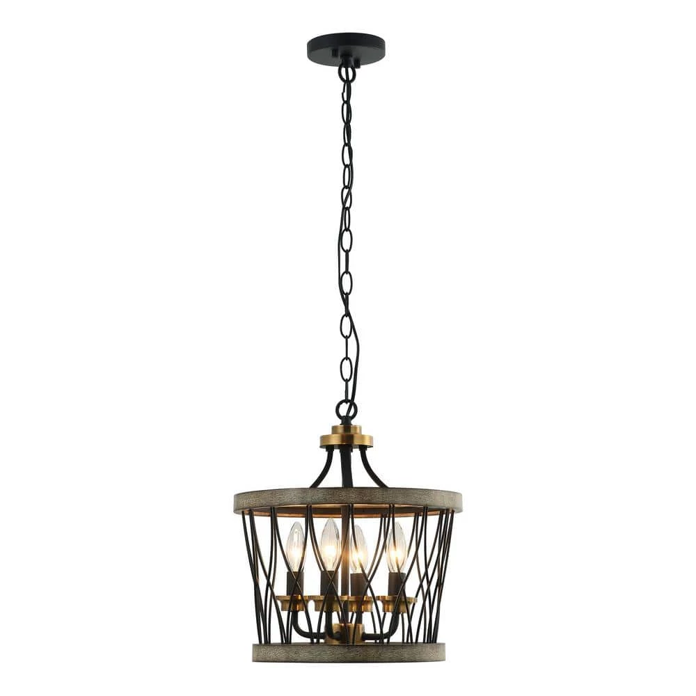 13 in. Farmhouse Black Geometric Drum Cage 4-Light Candlestick Chandelier Pendant Light by Parrot Uncle - Image 3