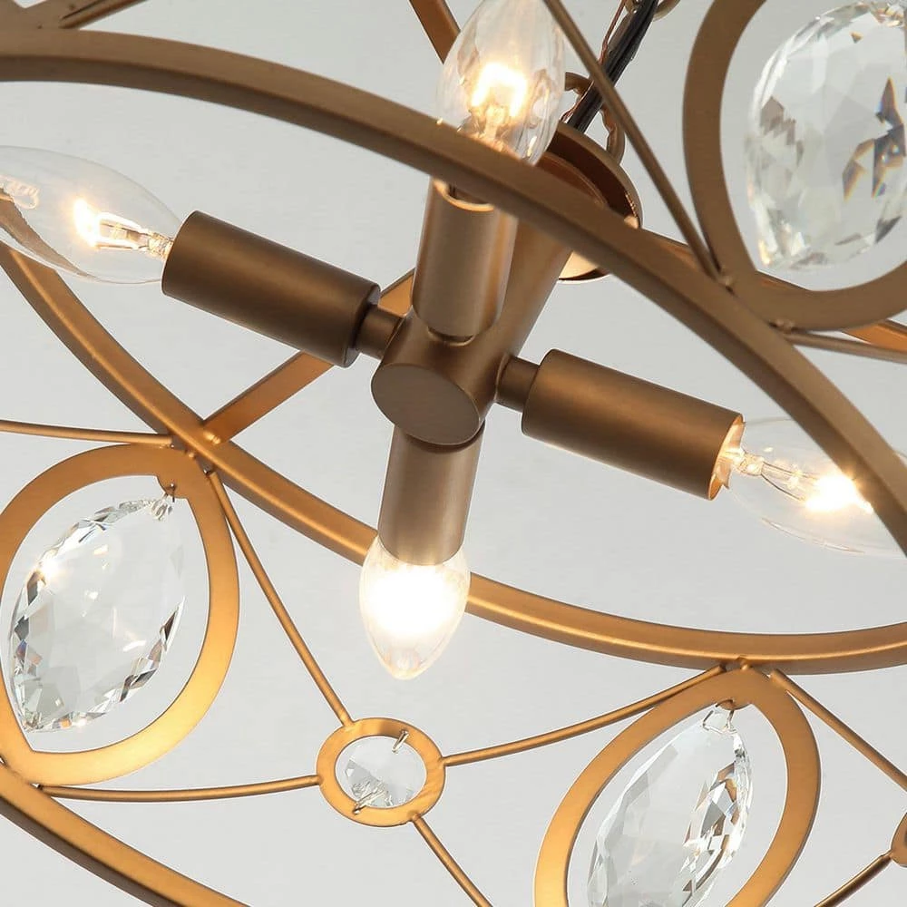 Modern 12.6 in 4-Light Brass Gold Crystal Chandelier with Metal Caged and Adjustable Chain by Parrot Uncle - Image 6