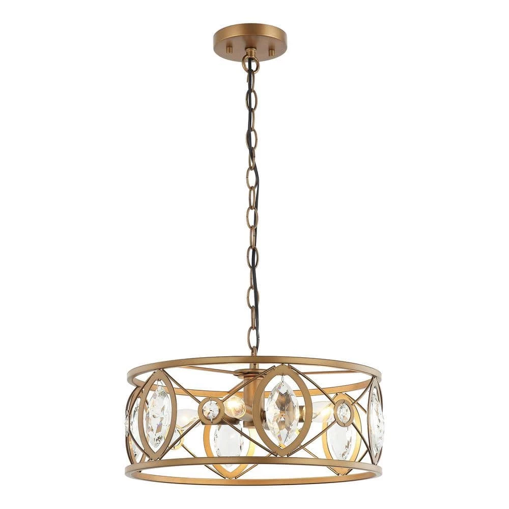 Modern 12.6 in 4-Light Brass Gold Crystal Chandelier with Metal Caged and Adjustable Chain by Parrot Uncle