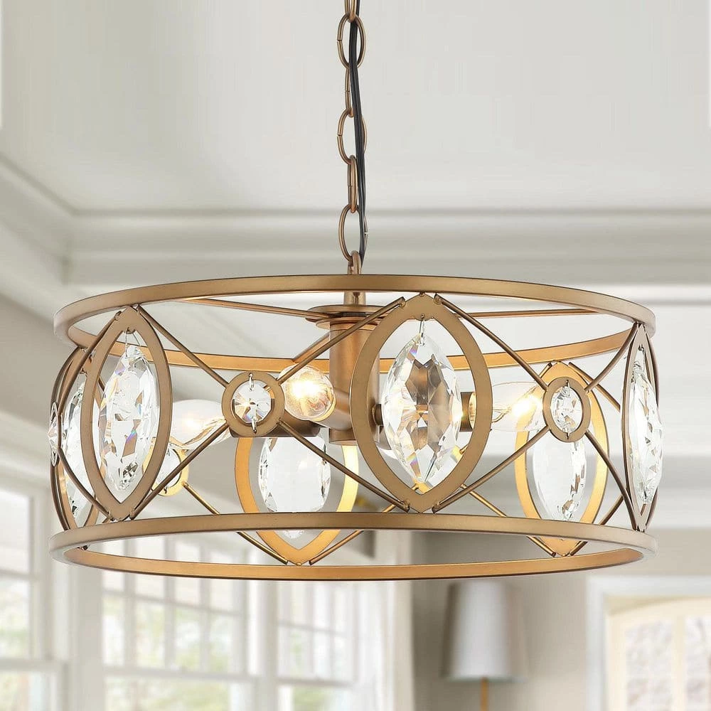 Modern 12.6 in 4-Light Brass Gold Crystal Chandelier with Metal Caged and Adjustable Chain by Parrot Uncle - Image 2
