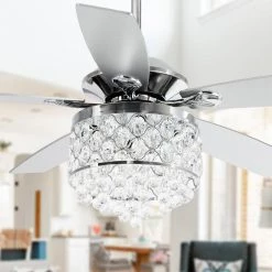 Amold 52 in. Indoor Chrome Downrod Mount Crystal Chandelier Ceiling Fan with Light Kit and Remote Control by Parrot Uncle