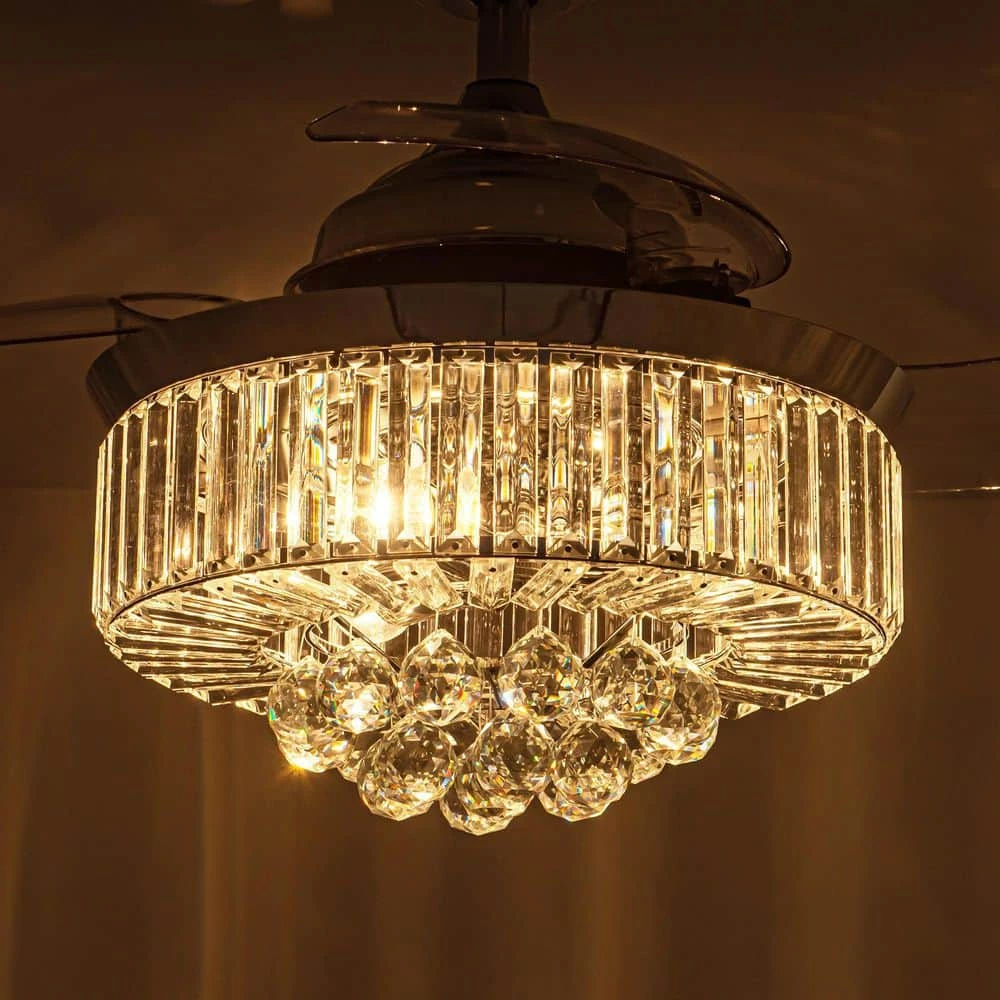 Broxburne 36 in. Chrome Retractable Crystal Ceiling Fan with Light Kit and Wall Control by Parrot Uncle - Image 3