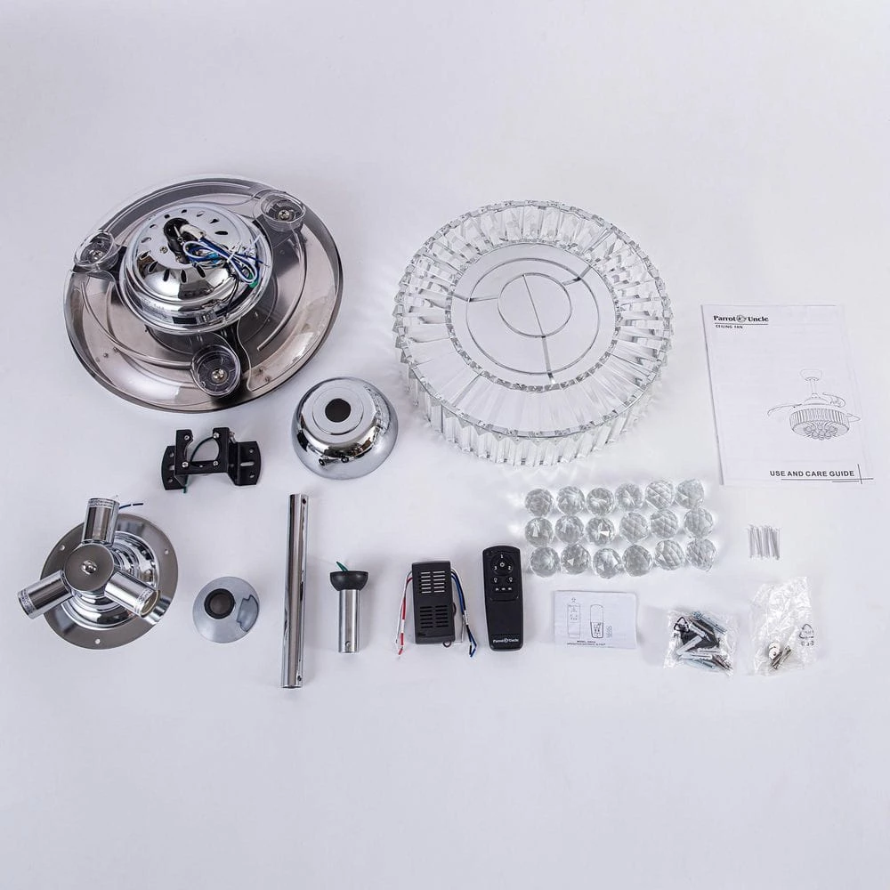 Broxburne 36 in. Chrome Retractable Crystal Ceiling Fan with Light Kit and Wall Control by Parrot Uncle - Image 9