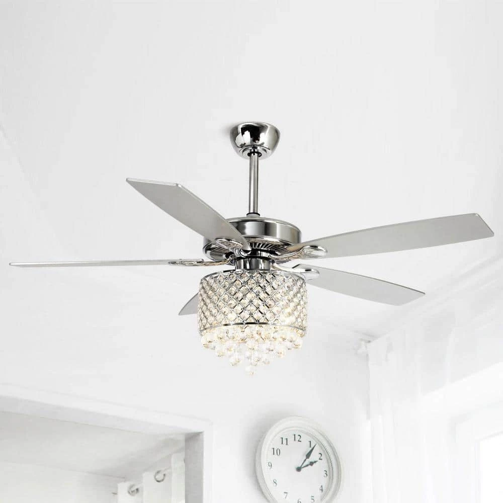 Deido 52 in. Indoor Chrome Downrod Mount Crystal Chandelier Ceiling Fan with Light Kit and Remote Control by Parrot Uncle - Image 2