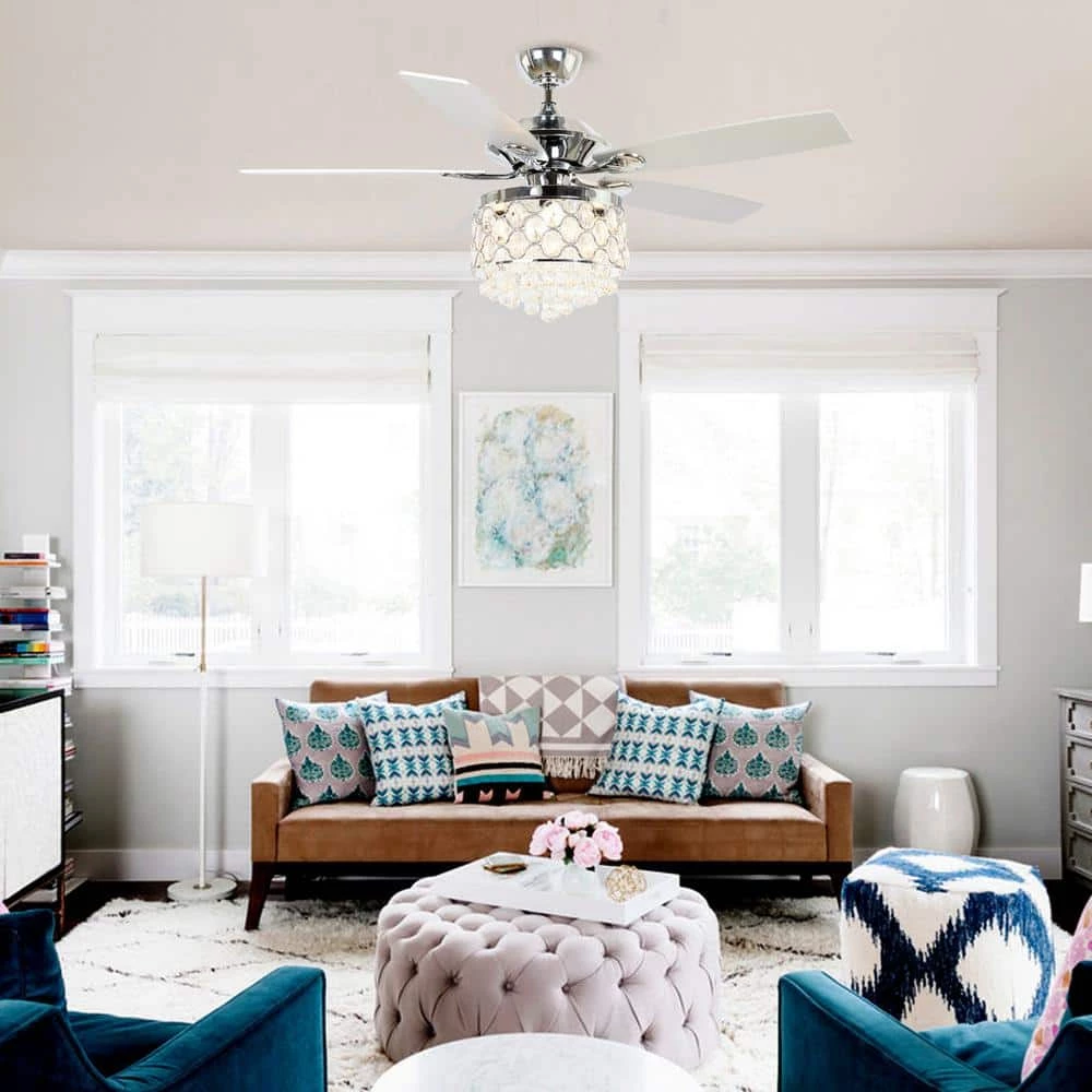 Berkshire 52 in. Indoor Chrome Downrod Mount Crystal Chandelier Ceiling Fan with Light Kit and Remote Control by Parrot Uncle - Image 9