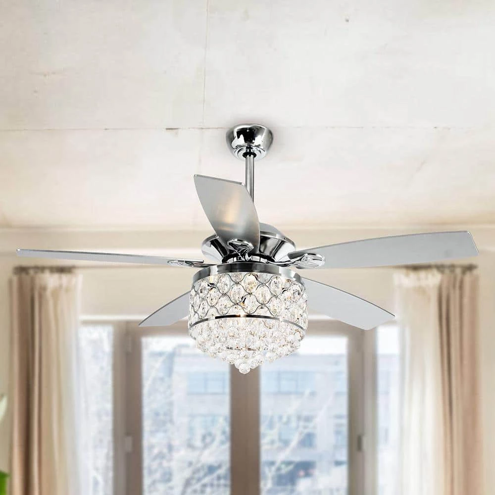 Berkshire 52 in. Indoor Chrome Downrod Mount Crystal Chandelier Ceiling Fan with Light Kit and Remote Control by Parrot Uncle - Image 8