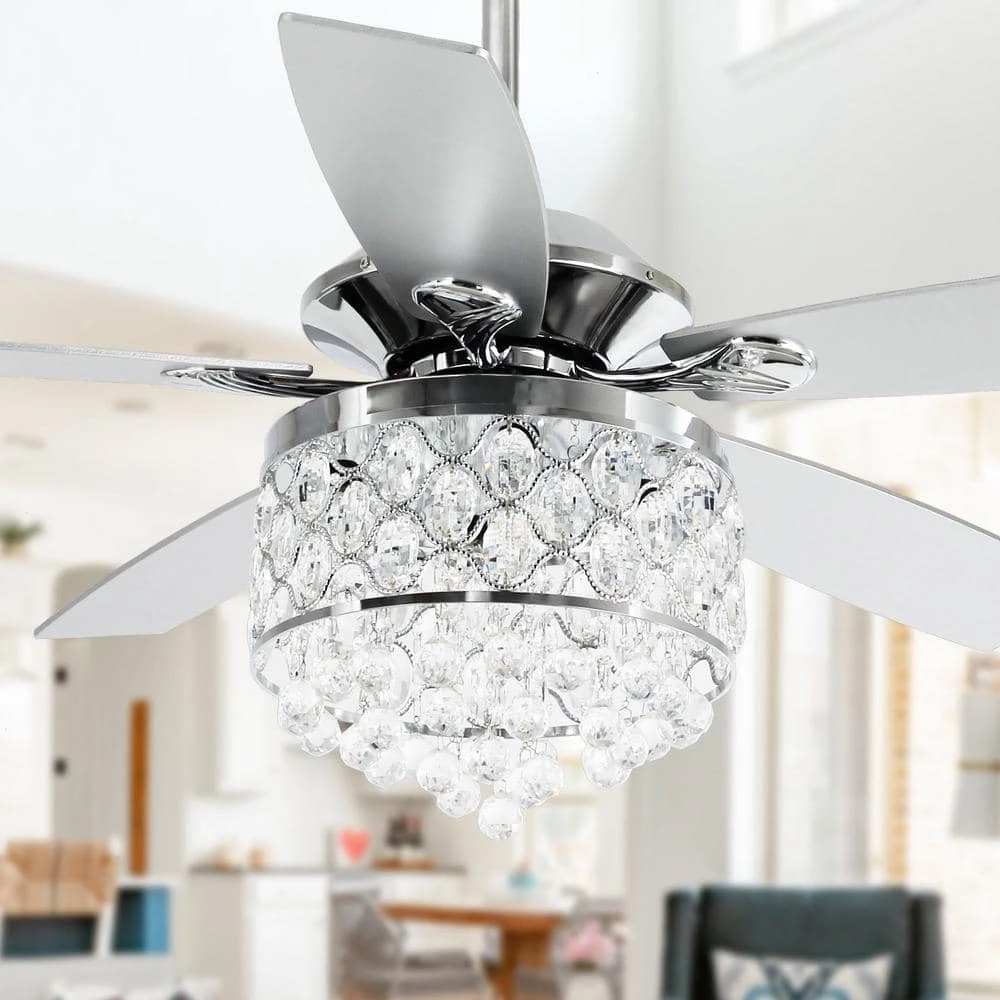 Berkshire 52 in. Indoor Chrome Downrod Mount Crystal Chandelier Ceiling Fan with Light Kit and Remote Control by Parrot Uncle - Image 2
