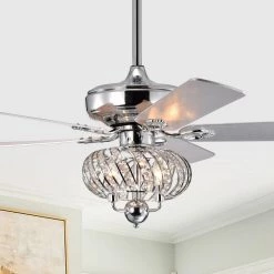 Fisher 50 in. Chrome Down Rod Mount LED Chandelier Ceiling Fan Chandelier with Light Kit and Remote Control by Parrot Uncle