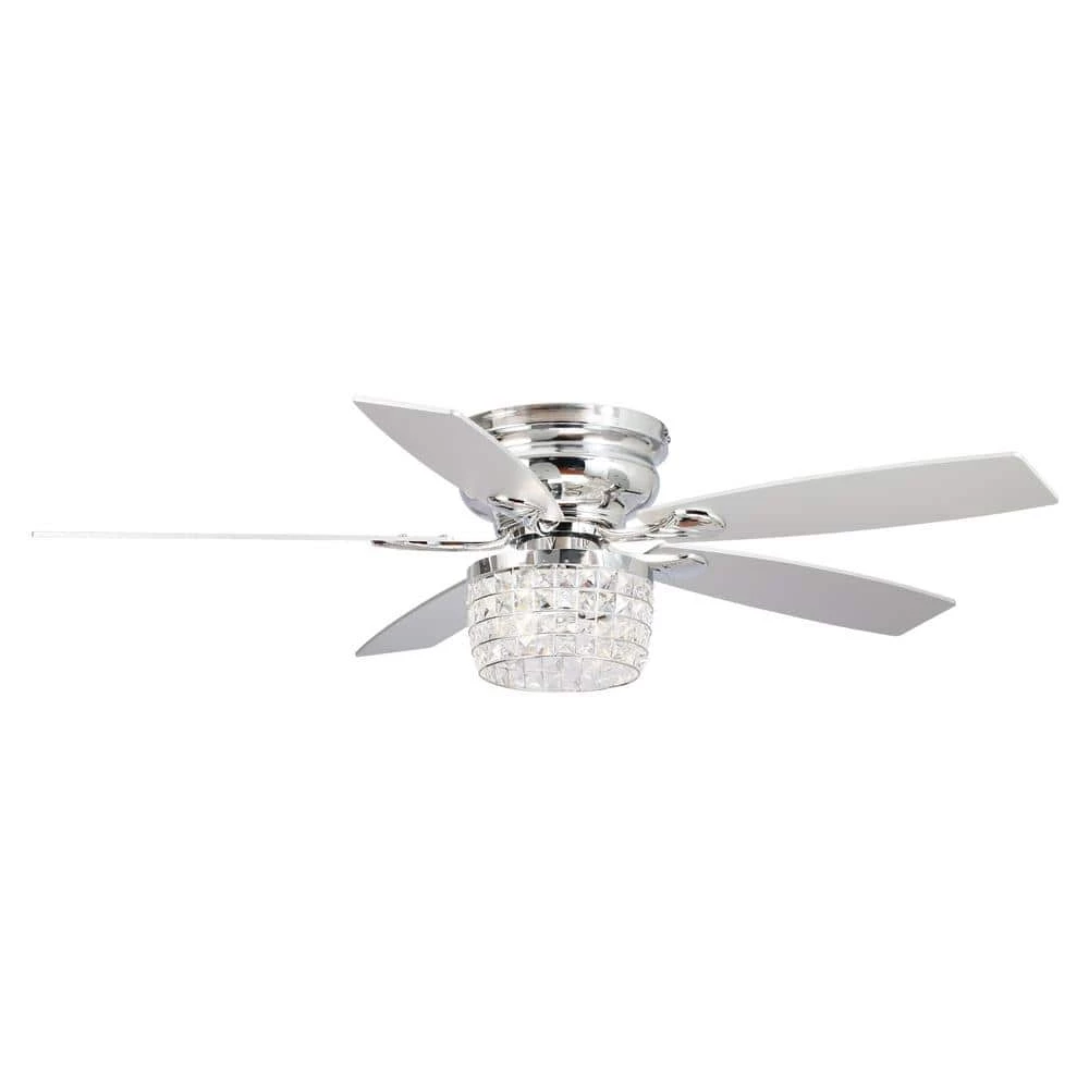 52 in. Indoor Chrome Modern Low Profile Crystal Ceiling Fan with Light Kit and Remote Control Included by Parrot Uncle
