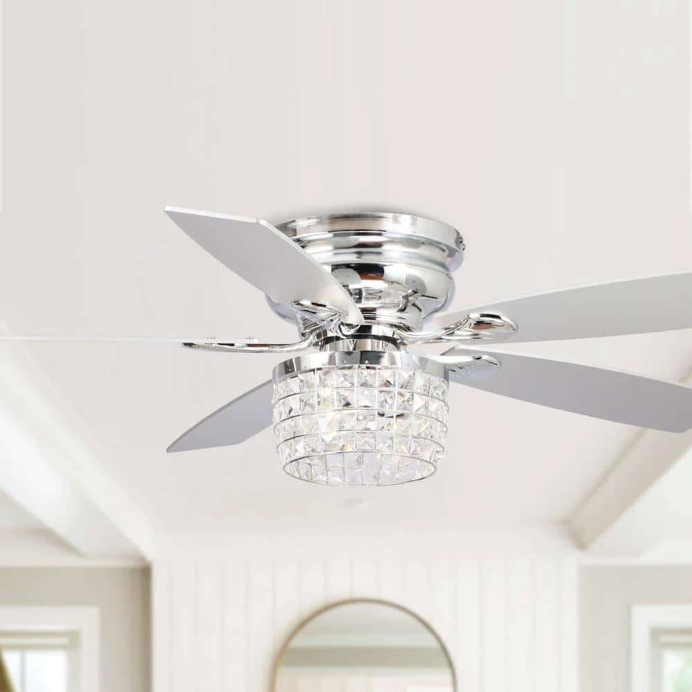 52 in. Indoor Chrome Modern Low Profile Crystal Ceiling Fan with Light Kit and Remote Control Included by Parrot Uncle - Image 2