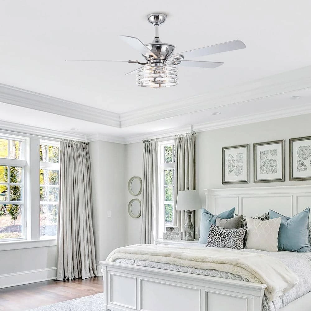 52 in. Chrome 5-Blade Reversible Motor Crystal Ceiling Fan with Remote and Light Kit by Parrot Uncle - Image 9