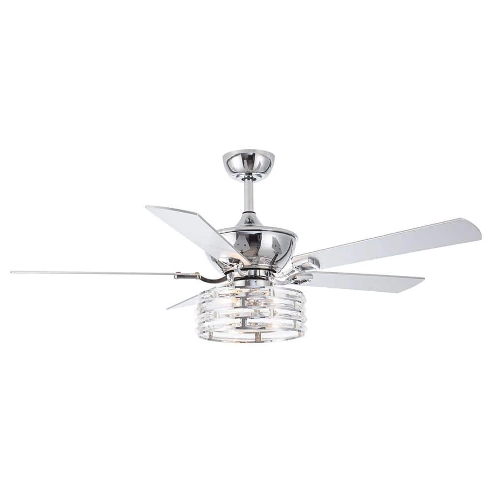 52 in. Chrome 5-Blade Reversible Motor Crystal Ceiling Fan with Remote and Light Kit by Parrot Uncle
