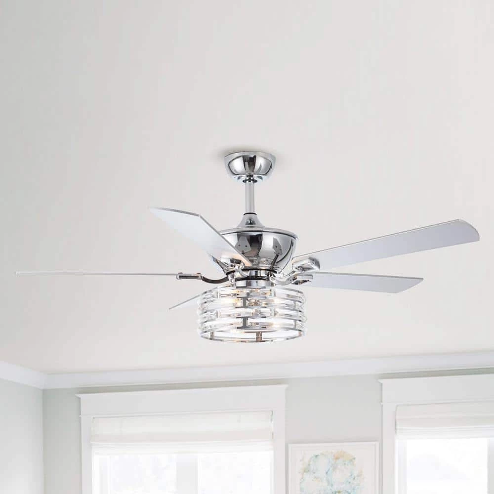 52 in. Chrome 5-Blade Reversible Motor Crystal Ceiling Fan with Remote and Light Kit by Parrot Uncle - Image 2