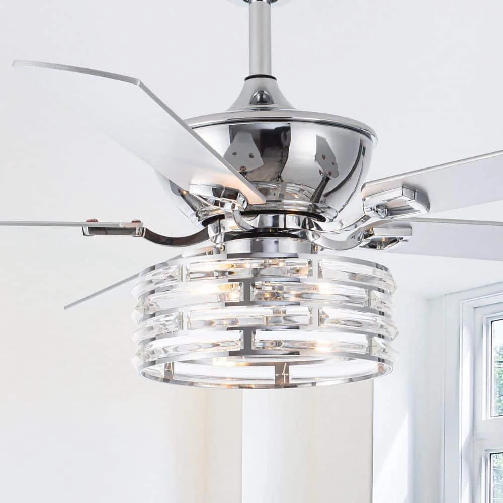 52 in. Chrome 5-Blade Reversible Motor Crystal Ceiling Fan with Remote and Light Kit by Parrot Uncle - Image 7