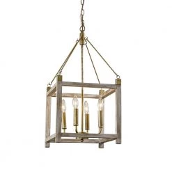 4-Light Distressed White and Gold Farmhouse Wood Lantern Chandelier by Parrot Uncle