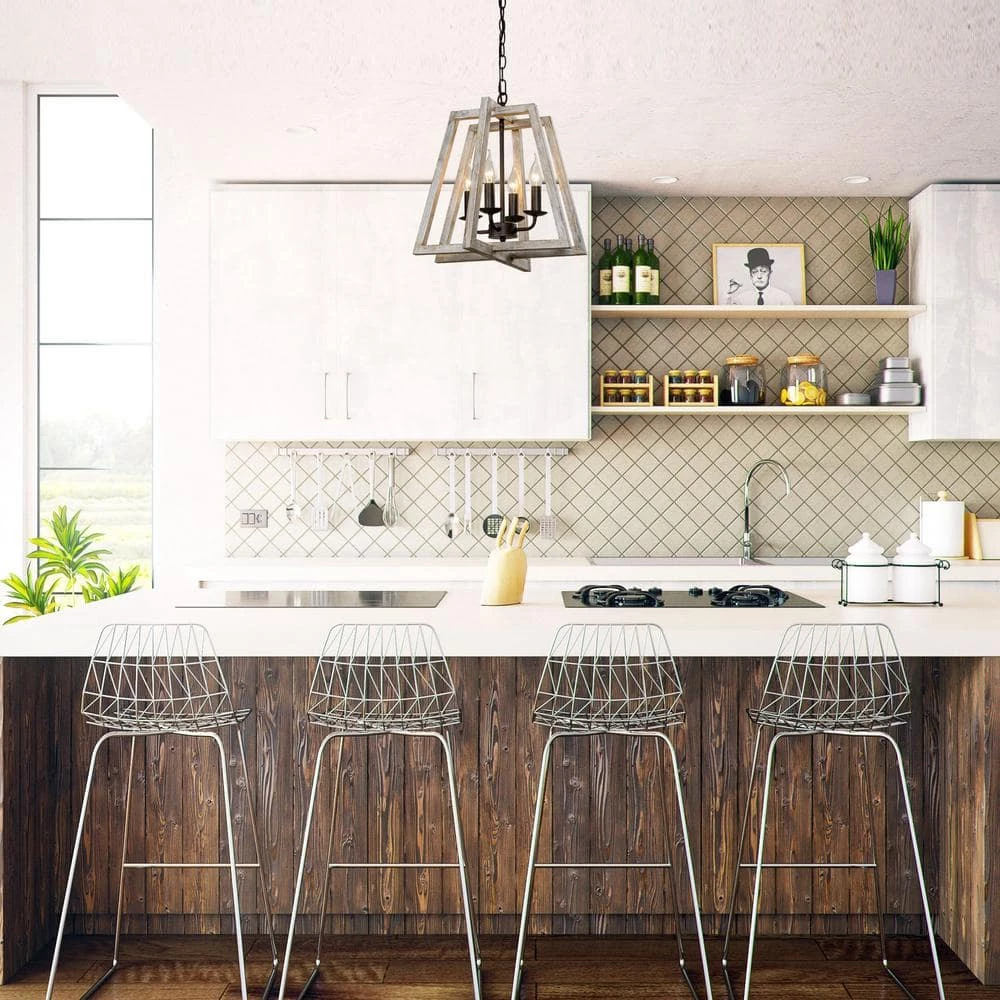 4-Light Distressed Wood Brown Candlestick Lantern Geometric Chandelier by Parrot Uncle - Image 8