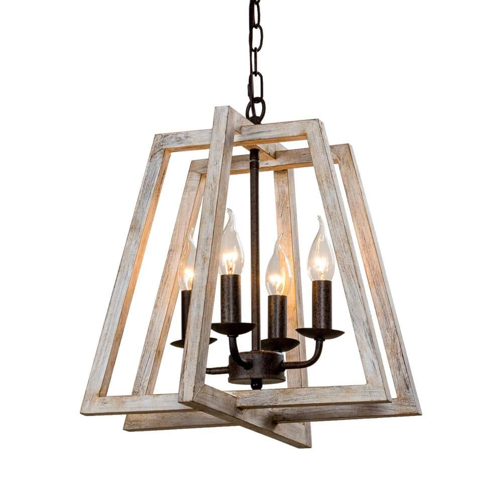 4-Light Distressed Wood Brown Candlestick Lantern Geometric Chandelier by Parrot Uncle