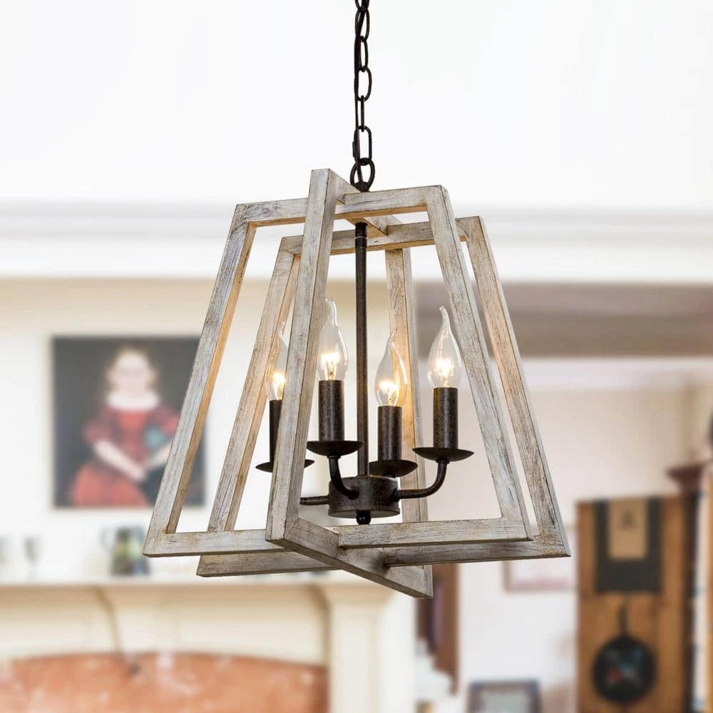 4-Light Distressed Wood Brown Candlestick Lantern Geometric Chandelier by Parrot Uncle - Image 3