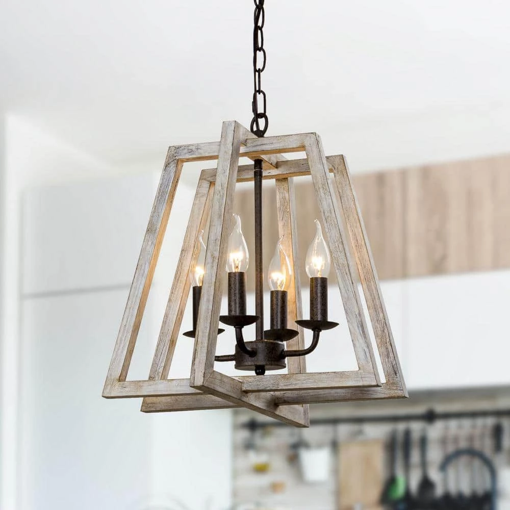 4-Light Distressed Wood Brown Candlestick Lantern Geometric Chandelier by Parrot Uncle - Image 2