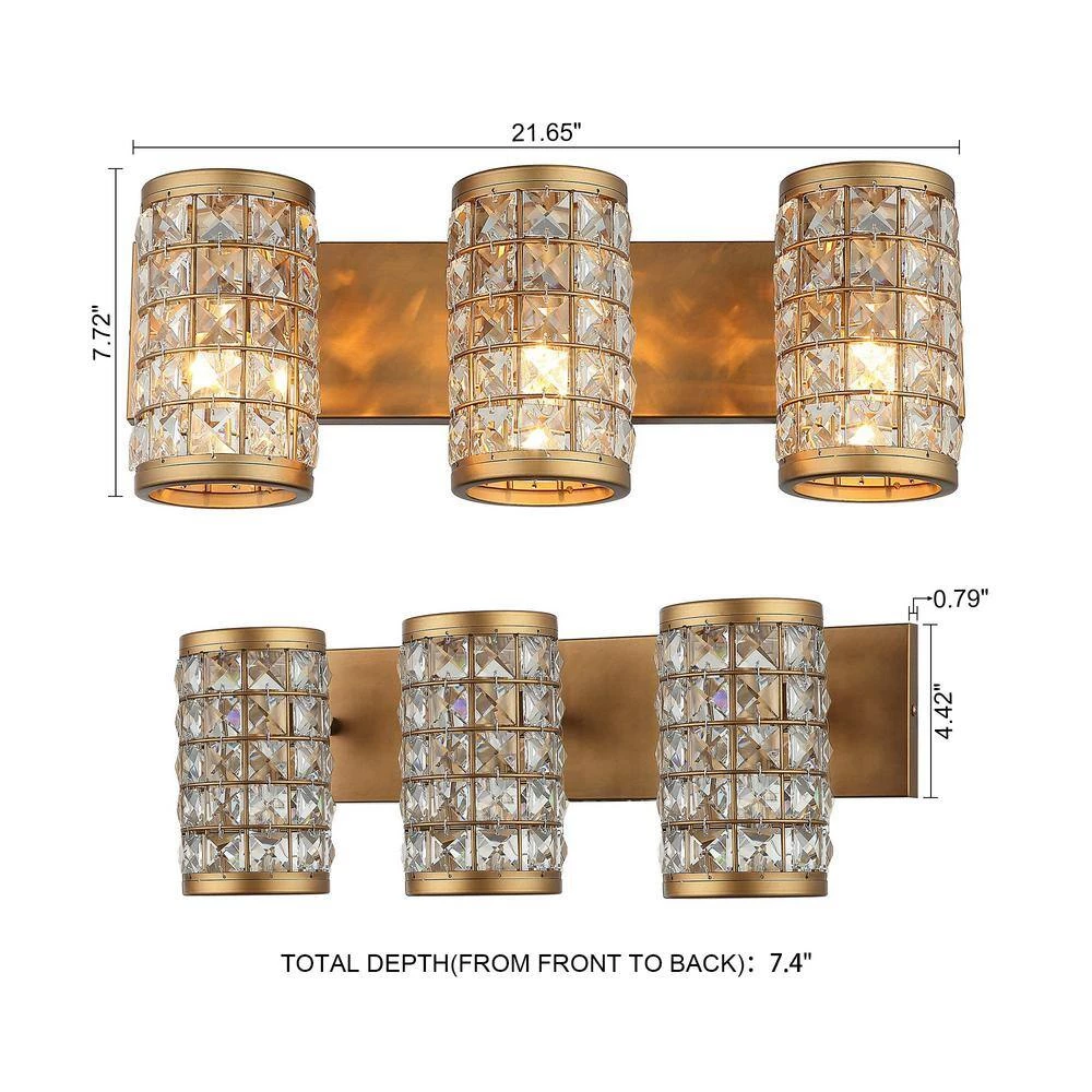 Modern Powder Bath Room Vanity Light, 21.6 in. 3-Light Gold Wall Sconce Light with Cylinder Crystal Shade by Parrot Uncle - Image 5